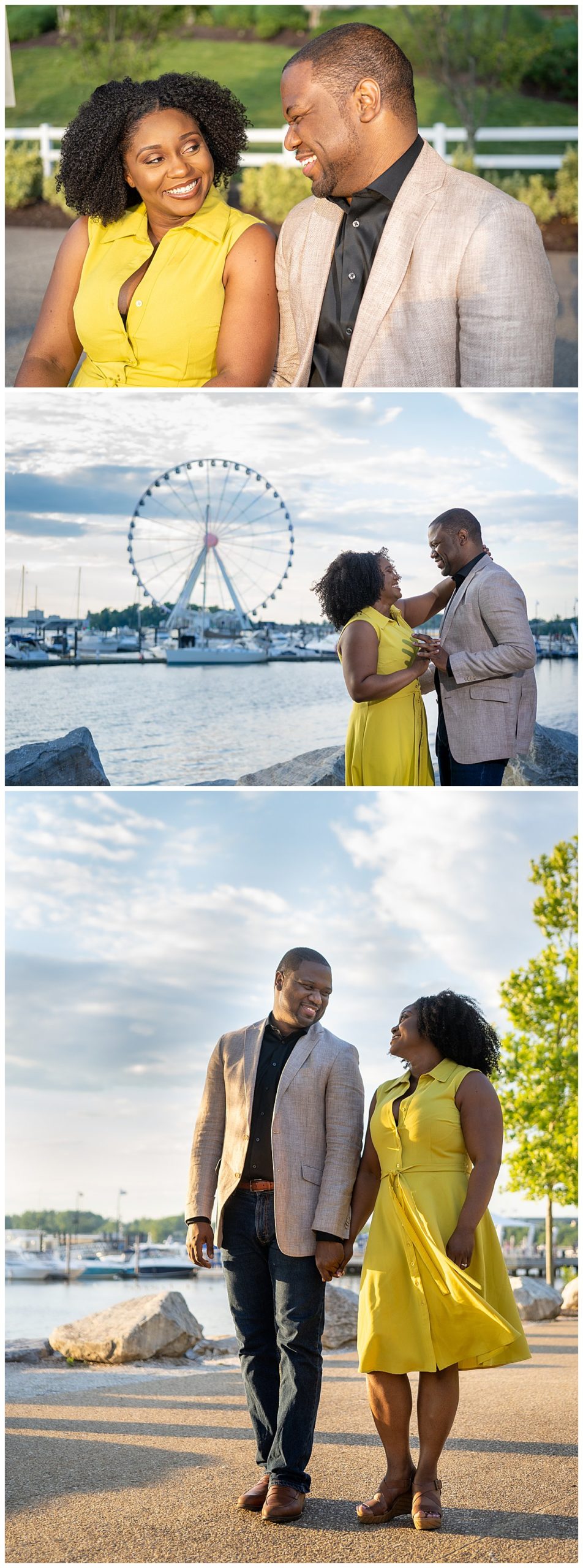 Couple sits on a bench, dance with a ferris wheel behind him, and walk near the water.