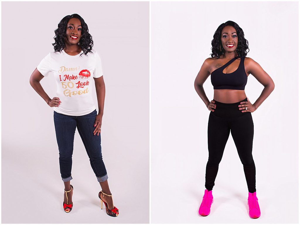 A black woman in jeans and workout clothes poses during her birthday photo session