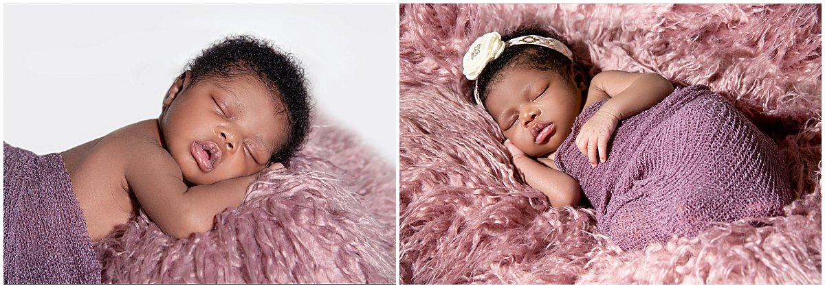 A baby girl swaddled in purple fabric sleeps during her photography session