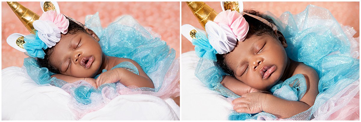 A baby girl dressed as a unicorn sleeps during a her photography session
