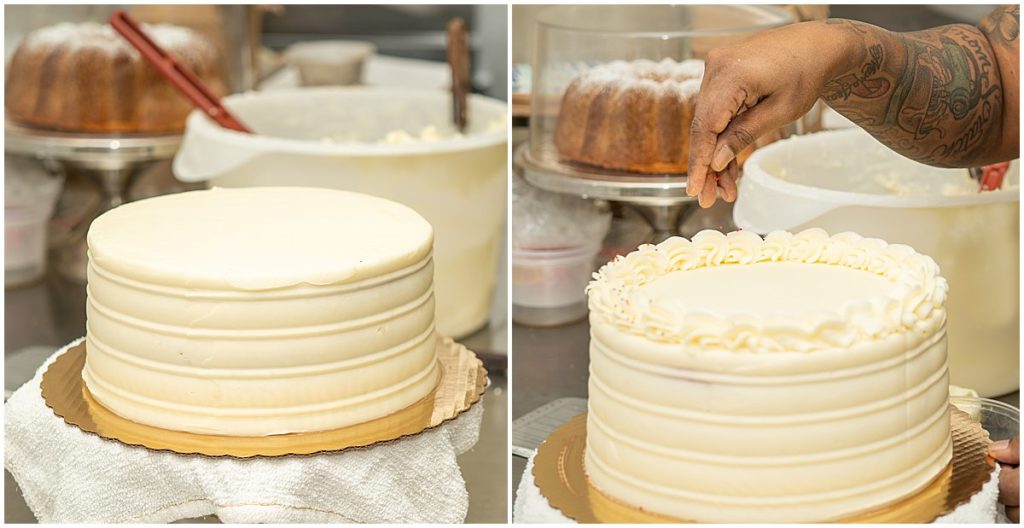 Baker puts finishing touches on buttercream cake.