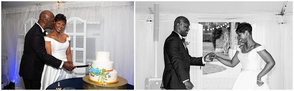 Bride and groom cut their cake and dance during their reception.