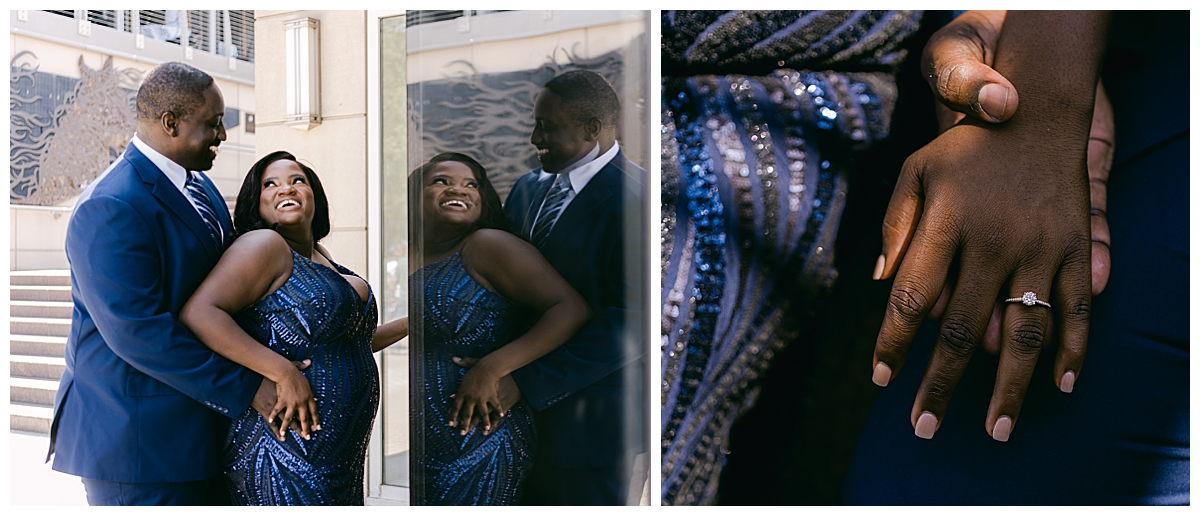 Couple look at each during engagement photoshoot at National Harbor.
