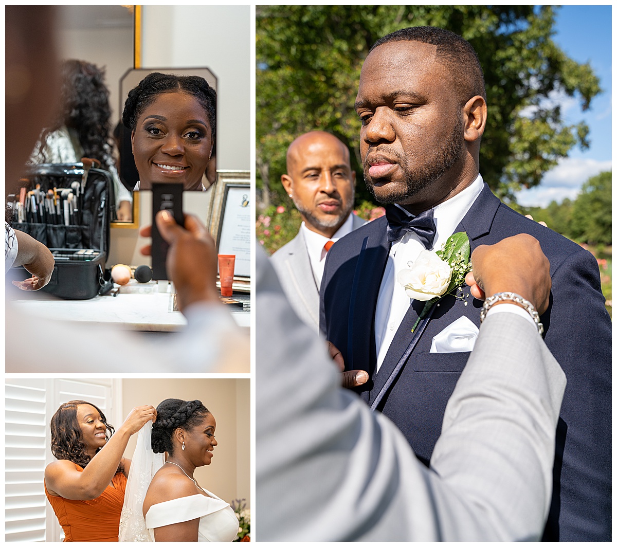 Left to right: Bride looks at her makeup in the mirror. Groom is helped by groomsmen. Bridesmaid puts veil on bride.