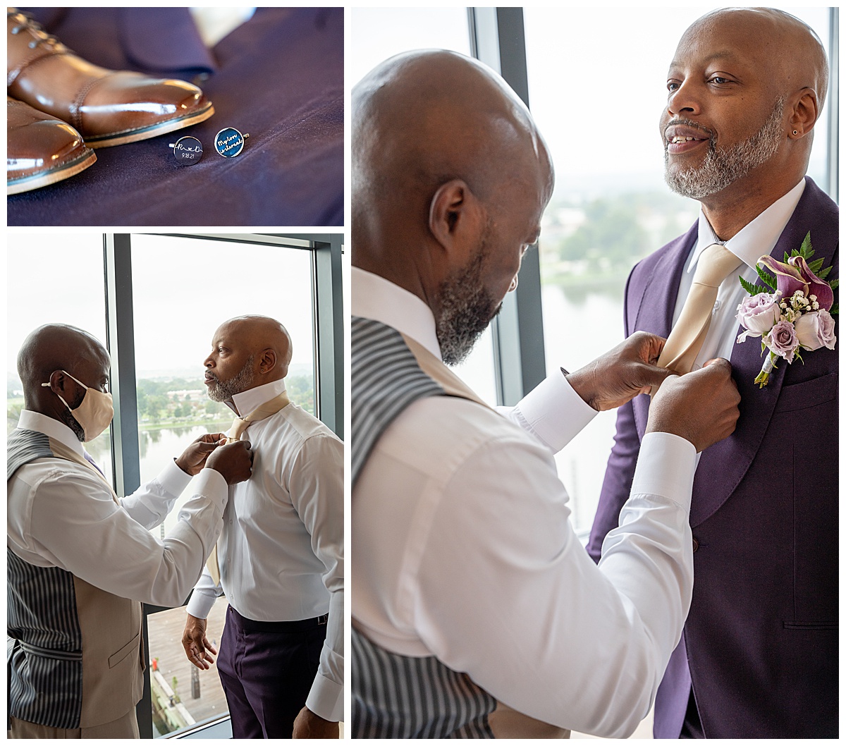 Groom gets ready by windows in hotel suite. Photos by wedding photographers Class & Style Productions