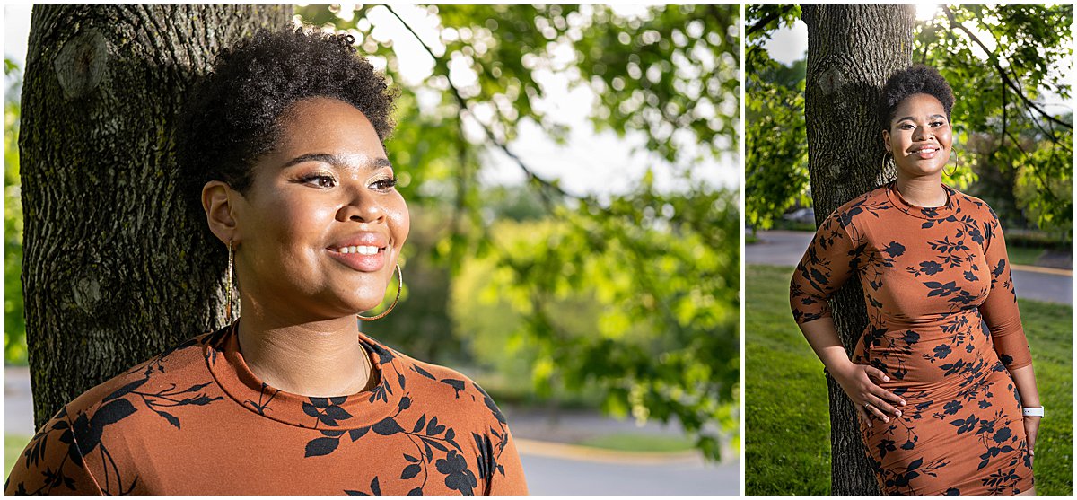 two images of a black teen girl leaning against a tree.