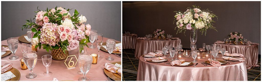 pink and white floral arrangements on tables for a wedding in Fredericksburg, VA