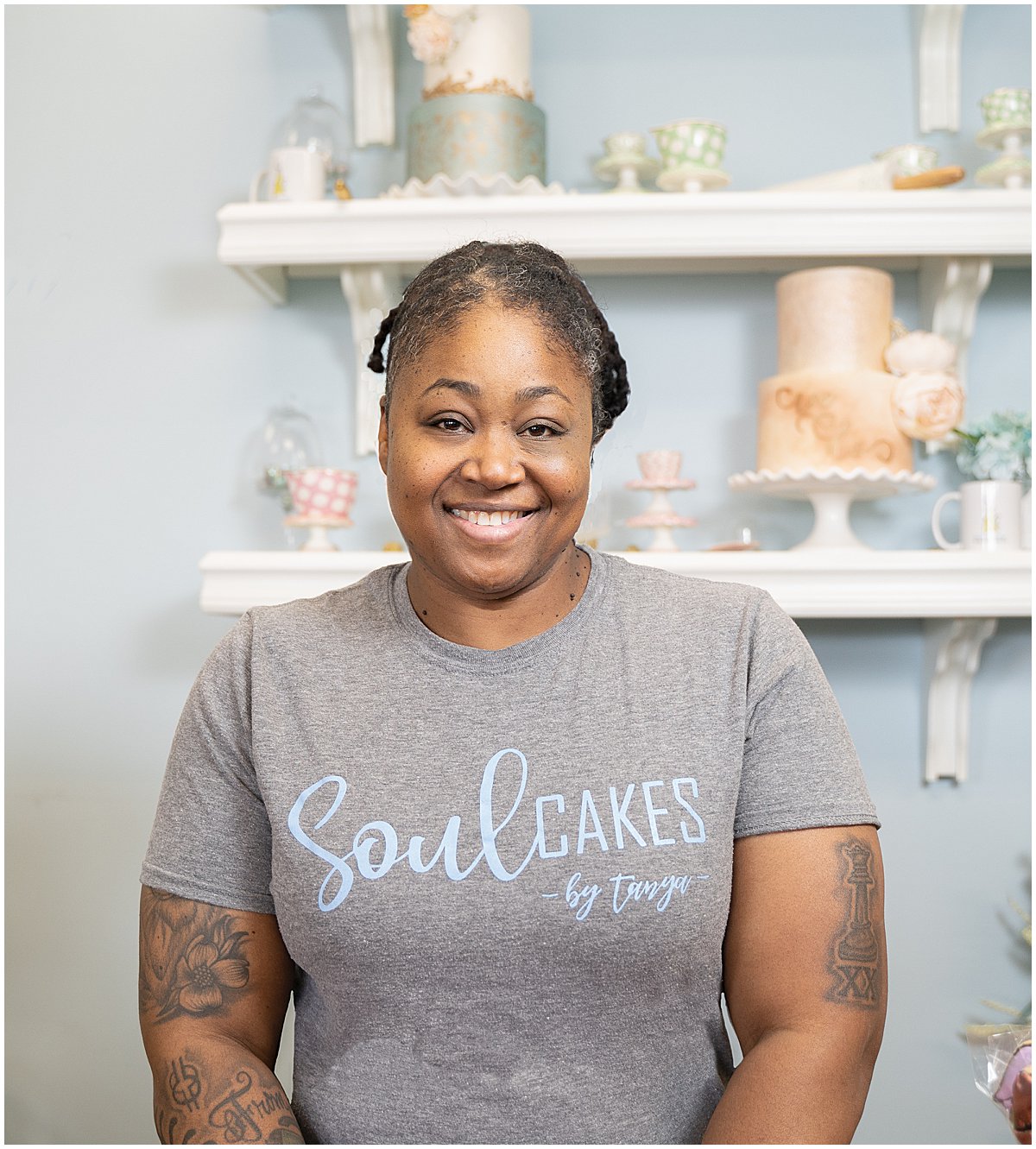 Woman dressed in a t-shirt that reads Soul Cakes by Tanya.