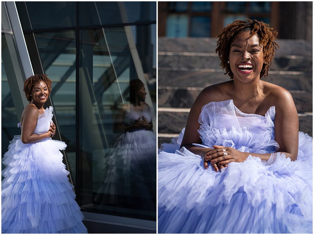 Black woman poses in purple gown near a glass building and on steps in Chicago, IL.