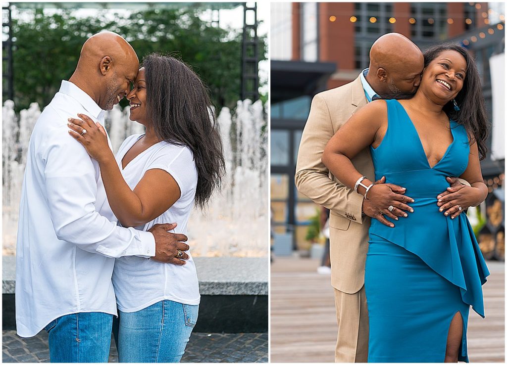 A black couple wearing white shirts and blue jeans touch foreheads. Same couple wearing teal and tan kiss on the boardwalk at the Wharf.