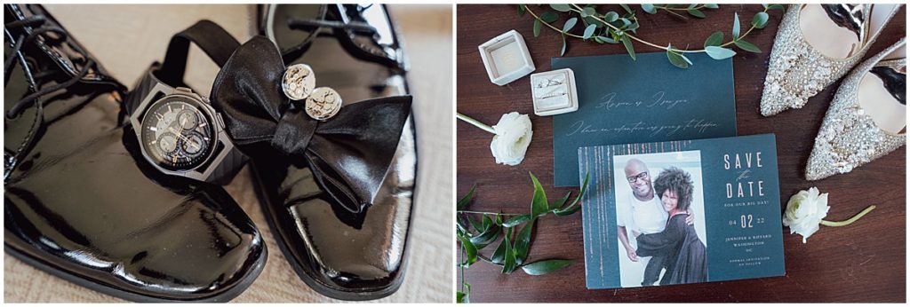 Groom's shoes, watch and tie. Bride's shoes, save-the-dates and rings